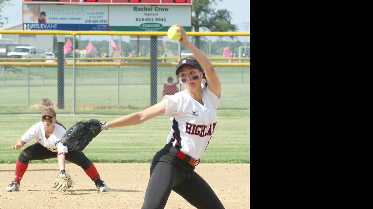 
Highland pitcher Aubrey Hacke coils to unleash a pitch in the first inning against Edwardsville on Monday at HHS.
