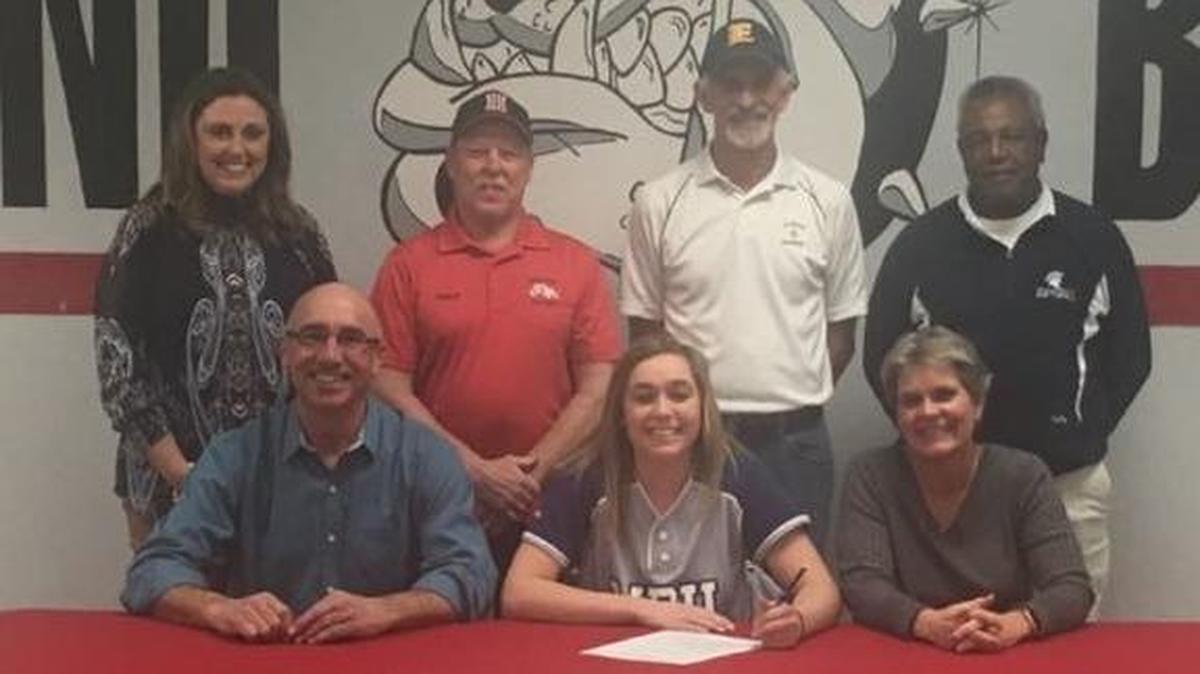Highland High School senior Addison Rinderer recently signed a national letter of intent to play softball at Missouri Baptist University. Seated with Rinderer are her parents, Marty and Laurie Rinderer. Standing in the back form left to right are Rindere’s pitching and hitting ocach, Darci Materkowski, HHS Softball Coach Greg Exton, Illinois Esprit Coach Jim Corby and Missouri Baptist Assistant Softball Coach Kenneth Messer-Brooks.