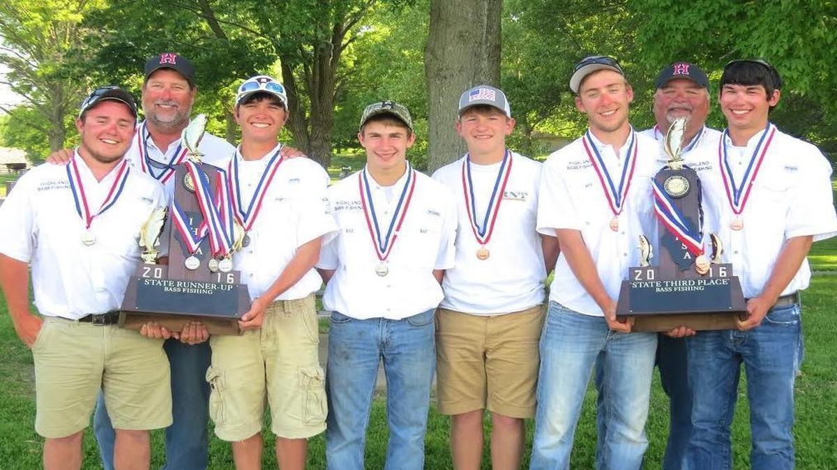The Highland High School bass fishing team brought home two IHSA Bass Fishing State Finals trophies, second and third place. Pictured from left to right are Hampton DuFrain, head coach Jon Rinderer, Blake Schumacher, Colton Brown (alternate), Lake Bircher (alternate), Jake Freeman, assistant coach Scott Sautman and Alec Rebbe.