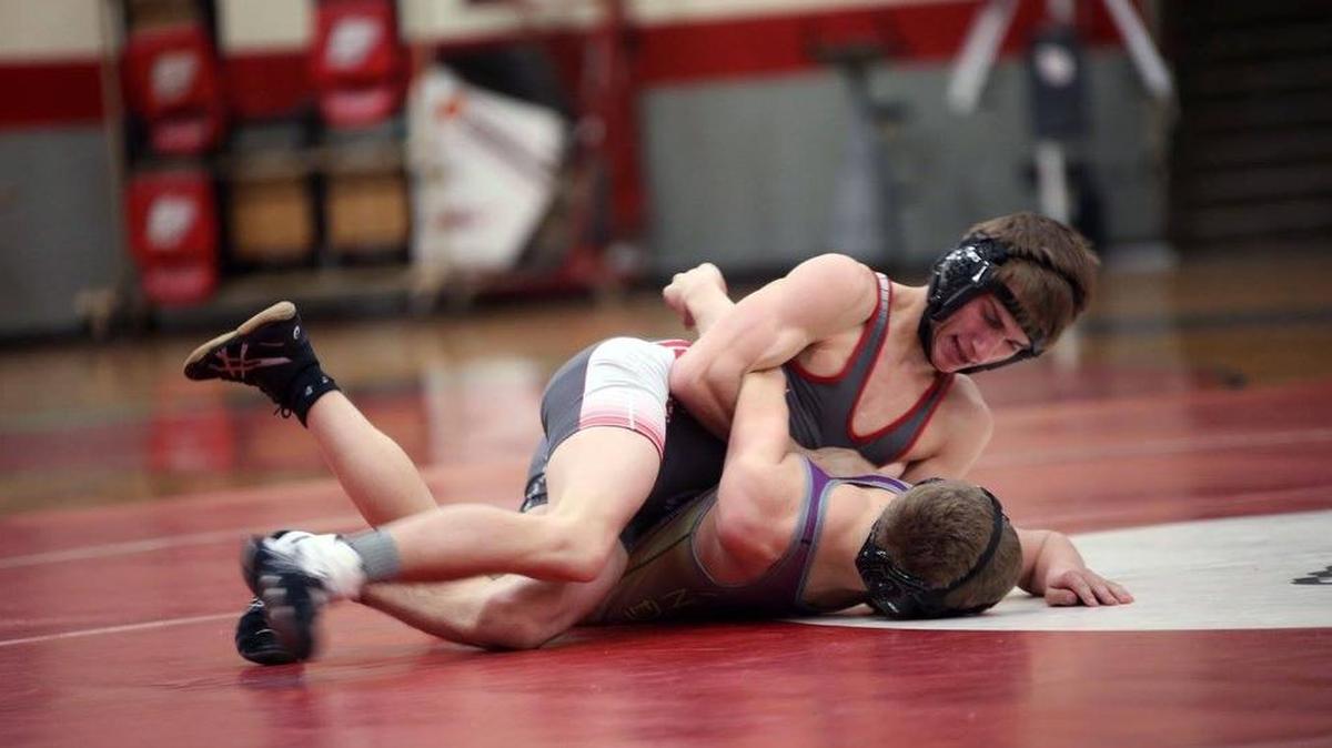 Highland junior wrestler Colton Brown, top, earned second place at 120 pounds at the IHSA Mascoutah Regional on Saturday. He will next compete at this Saturday’s IHSA Lincoln Sectional with a berth on the line for the IHSA Class 2A State Wrestling Tournament to be be held Feb. 15-17 at the University of Illinois at Urbana-Champaign’s State Farm Center.