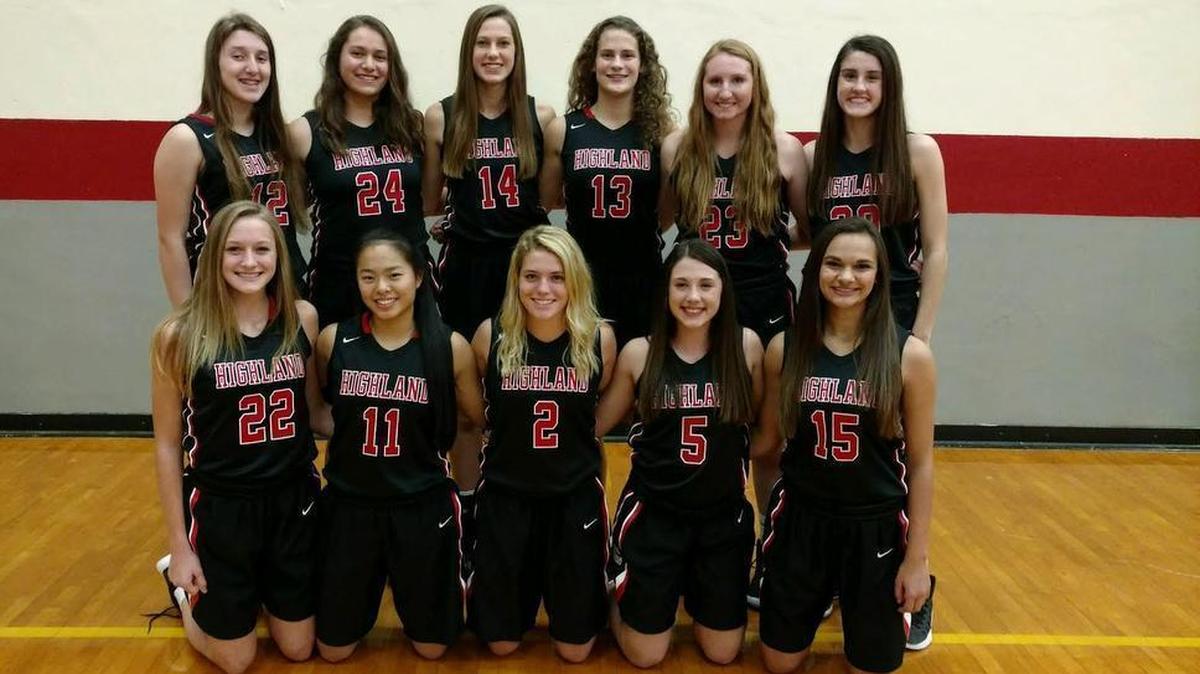 The Highland High School girls varsity basketball team consists of, front row from left to right, Ashlyn Klucker, Emmy Nyquist, Rece Portell, Ellie Brown, Megan Kronk; back row, Mae Riffel, Taylor Kesner, Madison Clarke, Bella LaPorta, Lauren Baer and Kayla Eads. Not pictured is Lexi Taylor.