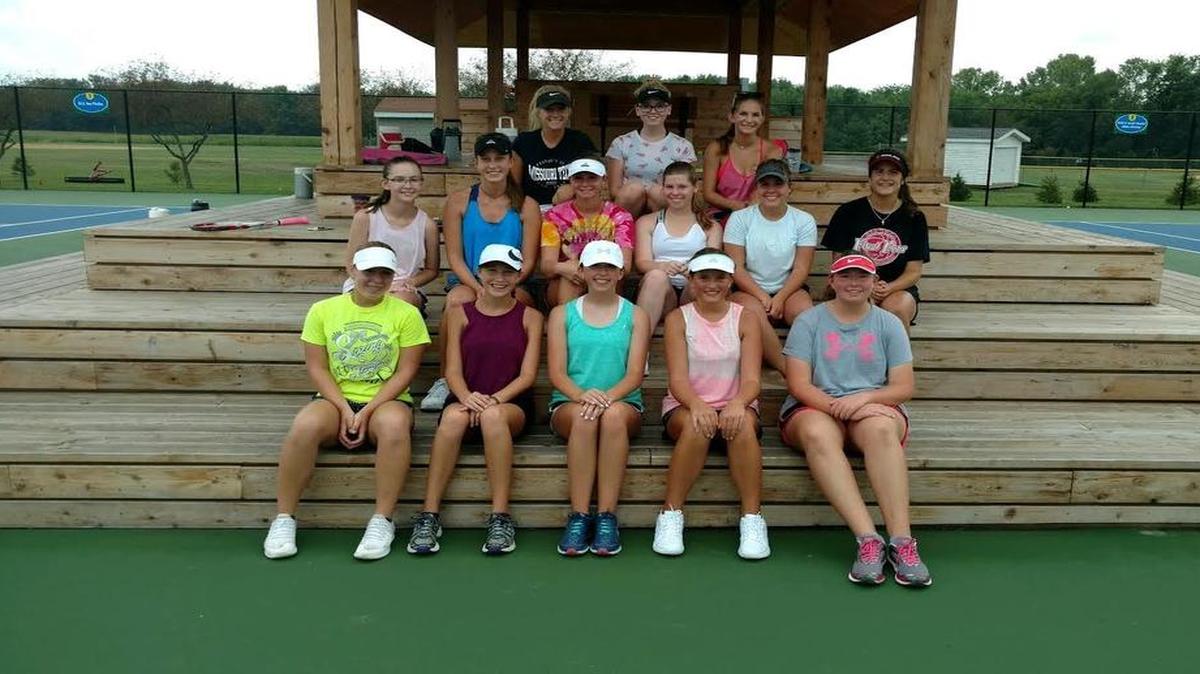 The Highland High School girls tennis team consists of, first row from left to right, Sydney Parkerson, Jenna Fenton, Hannah Geest, Brianna Helm, Abby Bowers; second row, Kayla Rutz, Madison Clarke, Payton Wernle, Ashley Basden, Kate Feldmann, Taylor Fleming; third row, Kirsten Plocher, Mallory LaFrance and Arianna Kampwerth. Not pictured are Mia Walters, Mackenzie Meyer and Sydney Basler.