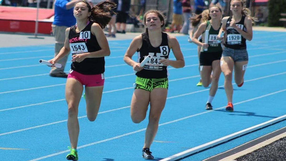 Highland freshman Katelyn Marti, front right, competes en route to helping the Bulldogs’ 4 x 800-meter relay team pick up an historic fourth-place finish last month at the IHSA Class 2A Girls State Track and Field Meet in O’Brien Stadium on the campus of Eastern Illinois University in Charleston.