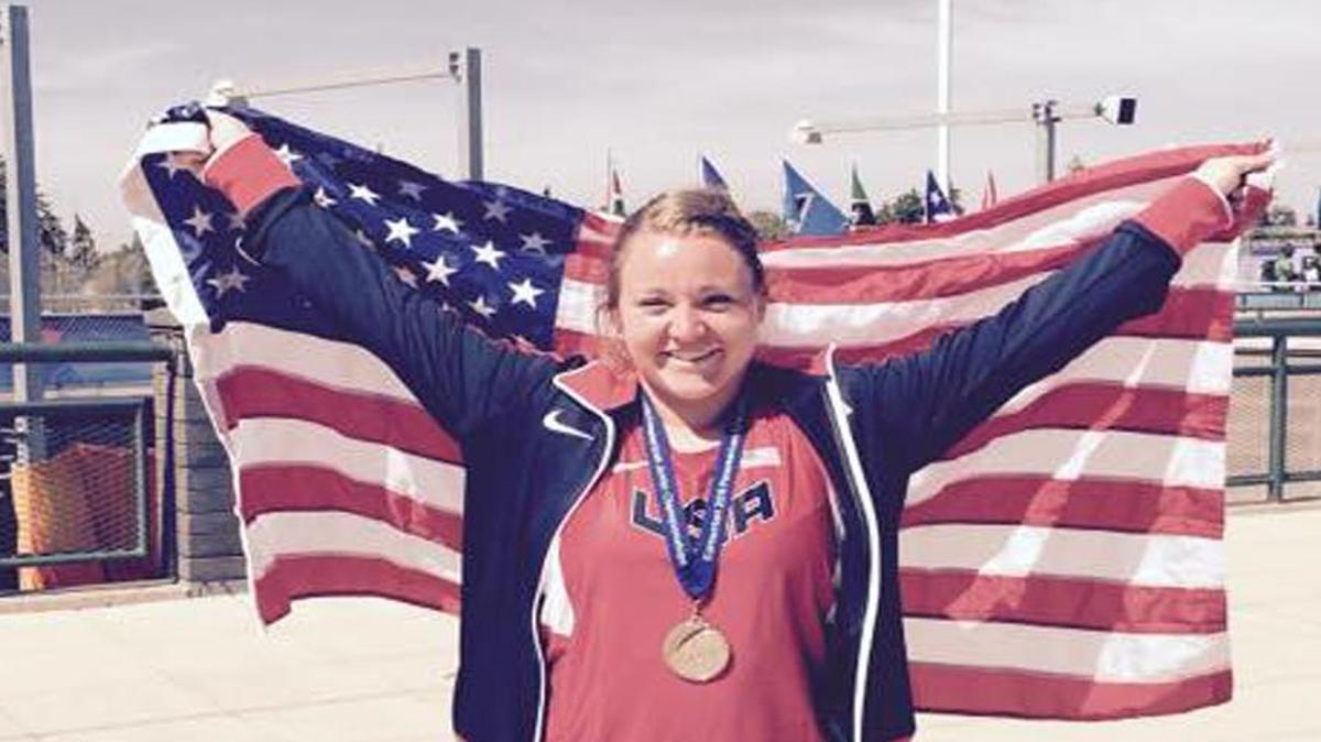 
Lena Giger, a 2014 Highland High School graduate, shows off her silver medal she earned in the hammer throw on Saturday while representing Team USA at the 2015 Pan American Junior Track and Field Championships in Edmonton, Canada last Friday. Her throw of 190 feet, 3 inches (57.99 meters) was also good enough to break her own Stanford freshman record and ranks fifth on the school’s all-time list.
