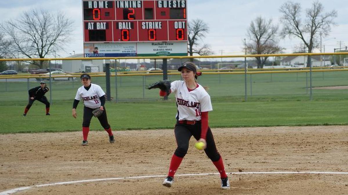 Highland junior Aubrey Hacke unleashes a pitch during the second inning of the Lady Bulldogs’ 11-1 five-inning win over visiting East Alton-Wood River on Thursday at HHS. Hacke also pummeled a three-run homer in the fourth and finished with four RBIs.