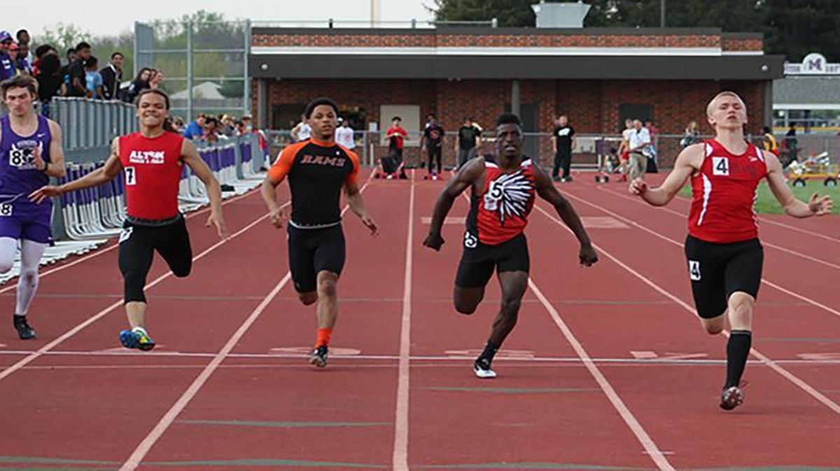 Highland junior Tyler Higgins races to the win in the 100-meter dash at Friday’s Mascoutah Military Invitational with a time of 10.81 seconds, which broke his own school record.