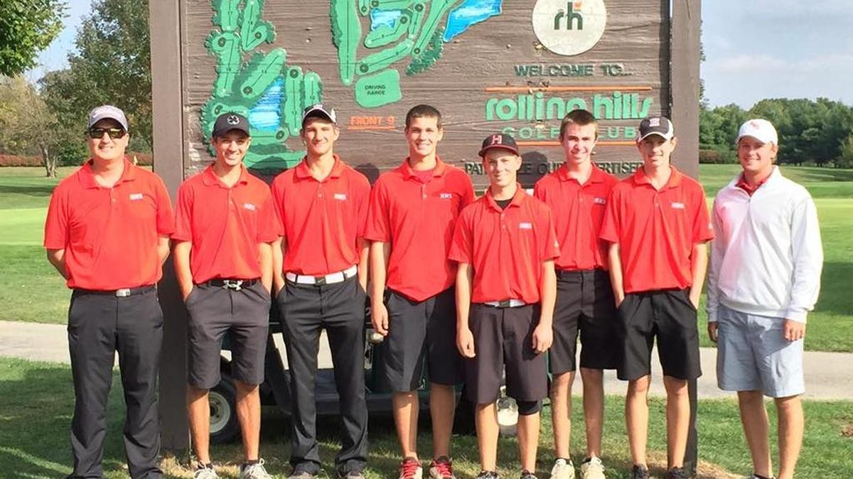 
The Highland High School boys golf team finished third at the IHSA Class 2A Alton Marquette Regional Tuesday at the Rolling Hills Golf Course in Godfrey and qualified for next Tuesday’s West Frankfort Sectional. The Bulldogs consist of, coach Brent James, Brode Portell, Stephen Schniers, Will Michael, Braden Rehkemper, Ben Brauns, Brandon Munie and assistant coach Brendan Bargetzi.
