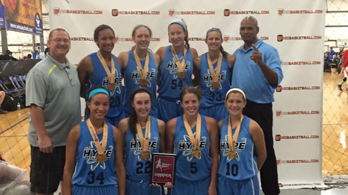 
The St. Louis Hype, a select summer basketball team, recently finished their season with an impressive 31-6 record, highlighted by winning three tournaments in Fayetteville, Ark., Kansas City, Mo. and Lexington, Ky., and finishing send by one point in another tourney in Chicago. The picture is from when the St. Louis Hype won the Run for the Roses Classic in Lexington, Ky. on July 8. The St. Louis Hype consisted of, front row from left, Haley Diestelkamp a senior at Owensville High School (Mo.); Madison Wellen, a junior at Highland High School; Amanda Ponce, a senior at Highland High School; Maddie Nekola, a senior at Mascoutah High School; back row, coach Tom Leach, Gabby Walker, a senior at St. Charles High School; Kathryn Finnerty, a junior at Waterloo High School; Kelly McLaughlin, a junior at St. Joseph’s Academy; Rachel Pudlowski, a junior at Fort Zumwalt High School; and coach Stephen Irons.
