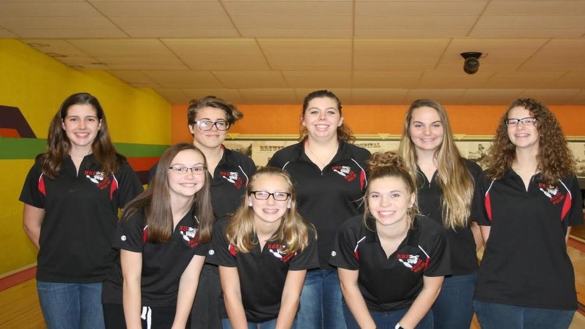 The Highland High School girls bowling team consists of, front row from left, freshman Kayla Rutz, freshman Reagan Krask and junior Kali Rutz; back row, freshman Mackenzie Myer, freshman Taylor Miller, senior Molli Pfister, junior Emma Schuster and sophomore Delaney Grimes. Not pictured are junior Haley Basler and sophomore team manager Holly Wrobbles.