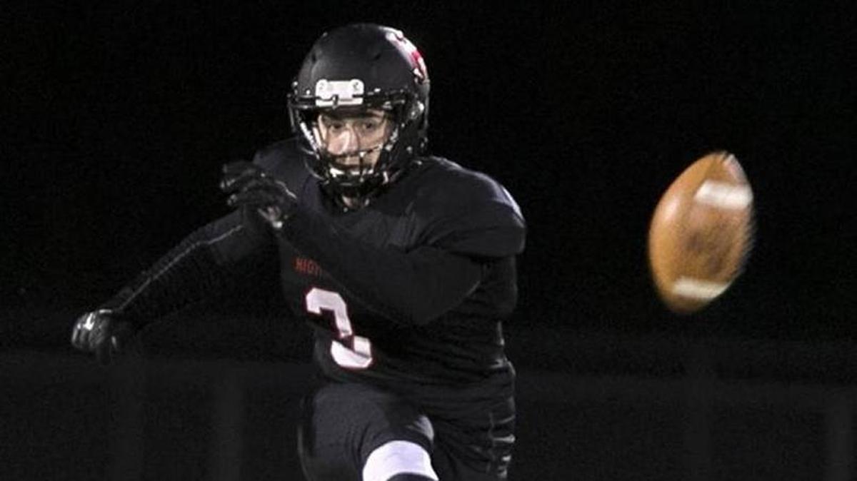 Highalnd senior Elliott Prott, shown punting the ball this past fall, recently signed a national letter of intent to kick for McKendree University.