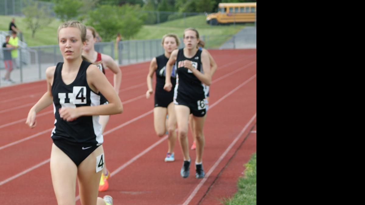 
Highland junior Allison Zobrist runs ahead of several runners en route to taking fourth place in the 800-meter run at the Mississippi Valley Conference Championships last Thursday at Triad High School..
