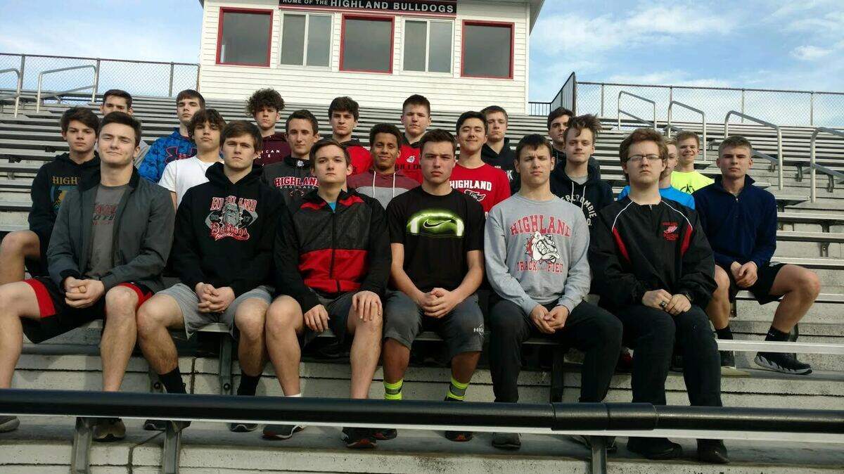 The Highland High School boys track and field team consists of, first row from left to right, Seby Wolf, Noah Schmitt, Chase DeProw, Deakon Thornton, Mason Geiger, Cameron Donahue; second row, Brylee Portell, Jack Geiger, Brennan Austin, Jeffrey Blunt II, Connor Miller, John Parker Fensterman, Josh Loeh, Jack Beiermann; third row, Ethan Leftwich, Austin Roach, Evan Clarkin, Trevor Zobrist, Cole Kuzma, Jacob Maas and Easton Rosen. Not pictured are Kyle Lane, Ivan Orozco, Gabe Sherrill, Blake Barth, Mitchell Focht, Isaac Winter, Evan Clarkin, Owen Kobbeman, Blake McCaw, Connor Sands, Peyton Strong, Kane Thornton, Kaleb Blunt, Bryce Kirsch, Cole Goodall.