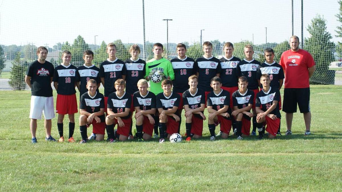 
The Highland High School boys varsity soccer team consists of, front row from left to right, Brendan Schrage, Cory Stieb, Brett Korte, Brent Rapien, Andrew Roach, Mitchell Miller, Drake Gehrs, Nick Sikora; back row, assistant coach Brian Lammers, Blake Hagler, Lucas Ammann, Jack Landmann, Sam Million, Luke Jones, Payton Barowski, Montana Gilbert, Jake Ramsey, Ollie Pfeiffer, Evan Herman and head coach Josh Oswald.
