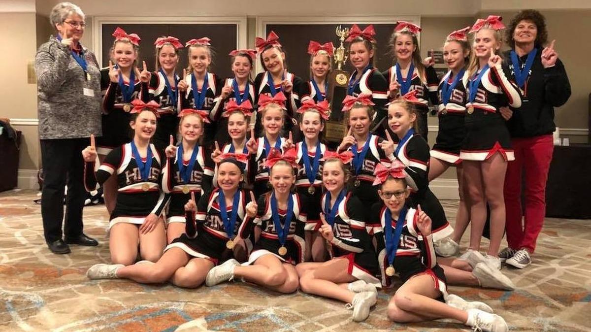 The Highland Middle School cheerleading won its first ever Illinois Cheerleading Coaches Association state championship in the large school division Sunday at Prairie Capitol Convention Center in Springfield. The HMS cheer squad consists of, first row from left to right, Tallie Powell, Bayla Fitterer, Reece Bellm, Ava Lercher; second row, Carolynn Parsons, Riley Mansholt, Kyleigh Buchen, Lexie Fears, Chloe Mcteer, Avery Miles, Kara Shaw; third row, Coach Marilyn Bloemker, Kady Shaw, Ava Allen, Madison Beiermann, Morgan Flesch, Allison Rieling, Mya Iberg, Rhea Fowler, Brittani Wellen, Shelbylynn Roberson, Alexis Broughman and Coach Sheri Eveland.