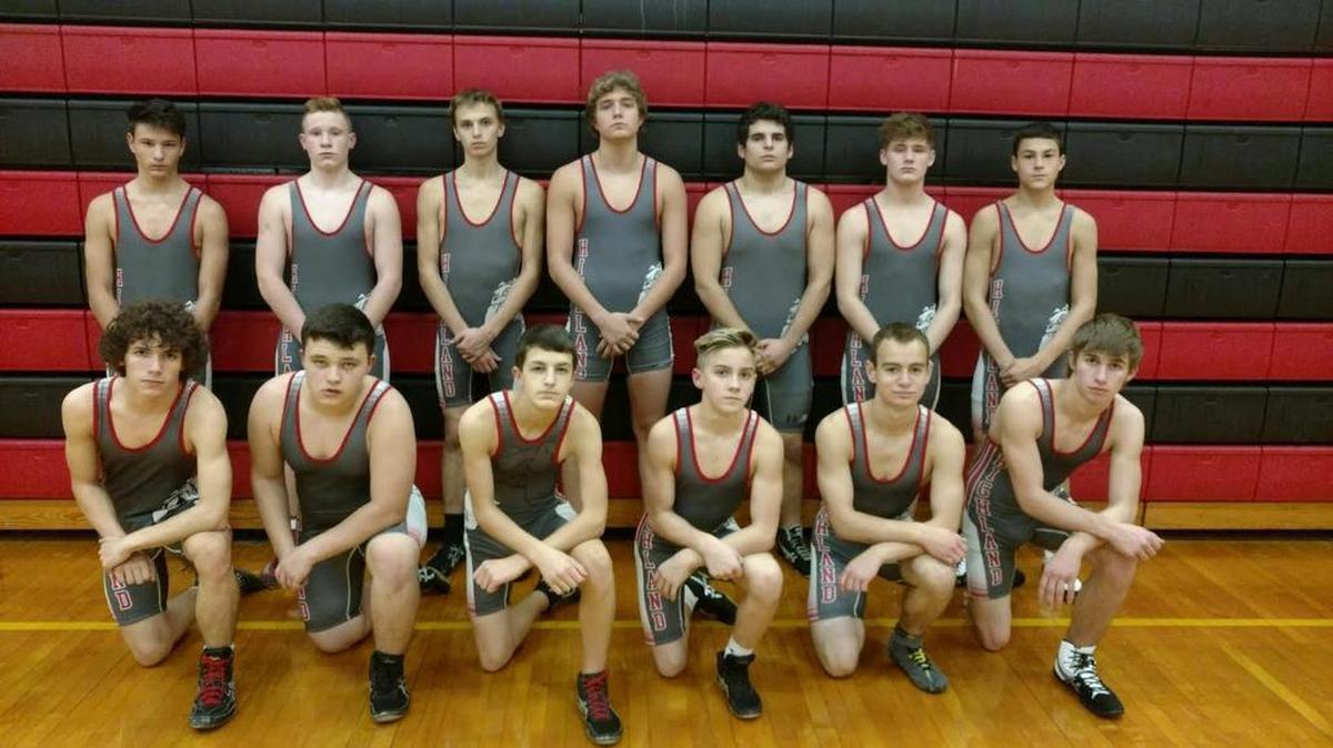 The Highland High School wrestling team consists of, front row from left to right, Tanner Burke, Cody Carroll, Garrett Metz, Tanner Schranz, Caleb Machuca, Colton Brown; back row, Jonathan Pena, Adam Rieke, Clayton Goodall, Devin Wills, Christian Zuccarelli, Matt McCallister and Bryan Kirsch. Not pictured are Alex Reed, Dylan Knebel, Cam Nelson, Colby Davis, Drew Hulvey, Tyler Langendorf and Clayton Rieke.