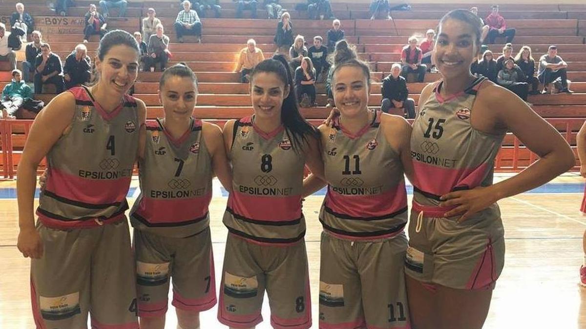 Highland native Katie Hempen, second from the right, poses with her teammates on Panathlitikos Sykion basketball team in Thessaloniki, Greece. On the far right next to Hempen is Hempen’s roommate, Micaella Riche, who is a University of Minnesota graduate. From left, Hempen’s other three teammates are Greece natives Antigoni Chairistanidou, Eleni Kyratzi and Eleni Syra.