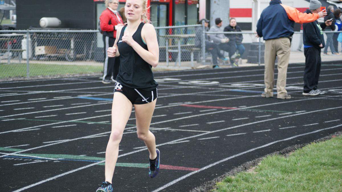 Highland sophomore Samantha Hengehold was the champion in the 3,200-meter run and finished in third place in the 1,600 Tuesday, April 10 at the Freeburg Invitational.