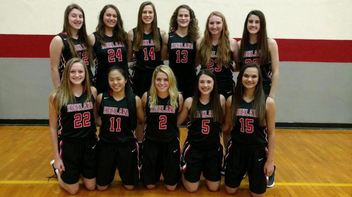The Highland High School girls varsity basketball team consists of, front row from left to right, Ashlyn Klucker, Emmy Nyquist, Rece Portell, Ellie Brown, Megan Kronk; back row, Mae Riffel, Taylor Kesner, Madison Clarke, Bella LaPorta, Lauren Baer and Kayla Eads.