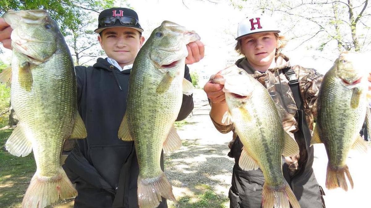 Highland’s Zane Bircher and Lake Bircher hold up four of their five-fish limit weighing 17.76 pounds that earned them second-place honors at the IHSA Sectional Bass Fishing Tournament Friday on Coffeen Lake. The duo punched their ticket to the IHSA State Final Bass Fishing Tournament to be held May 19-20 at Carylyle Lake.