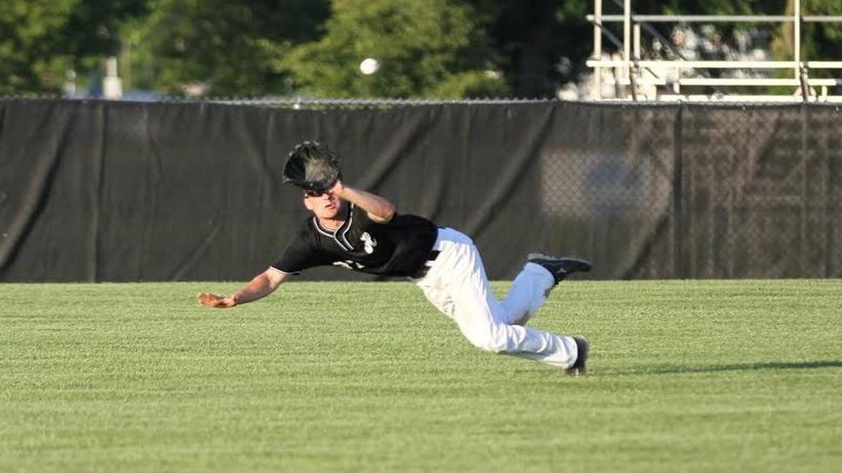 Highland center fielder Austin Gusewelle lays out to make a diving catch and rob Oneida of extra bases during Post 439’s 10-3 victory Friday evening in the Greenville College Wood Bat Classic.
