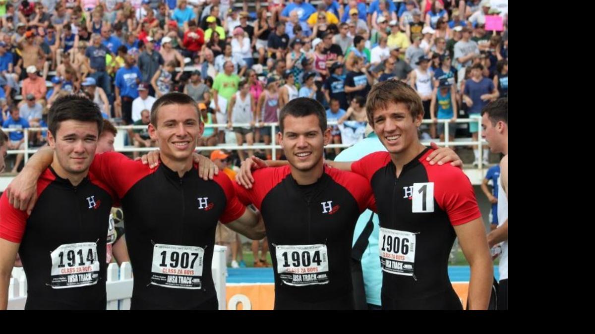 
Highland’s 4 x 800 team of, from left, seniors Trevor White, Grant Riggs and Ben Menke, and junior Brode Portell, are all smiles after capturing the fourth-place medals Saturday at the IHSA Class 2A Boys State Track and Field Meet in Charleston.
