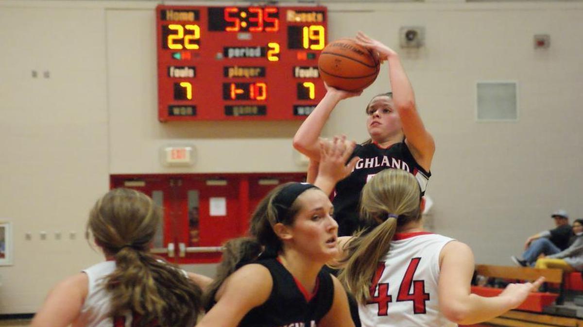 Highland senior Amanda Ponce elevates to shoot a jumper in the second quarter of the Lady Bulldogs’ 63-58 loss at Triad Thursday night in Troy.