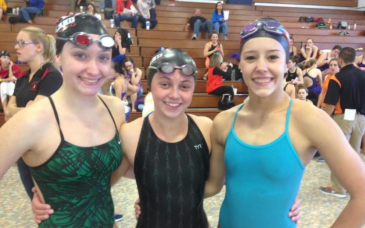 From left, Highland High School junior Victoria Thomae, freshman Nora Thiems and junior Alyssa Freimann competed at last Saturday’s IHSA Springfield Swimming Sectional. Thomae qualified for this weekend’s IHSA Girls Swimming State Finals Meet to be held in Chicago after winning the 100 breaststroke (1:07.26) and finishing second in the 50 freestyle (24.42 seconds). Freimann posted personal-best times with a ninth-place finish in the 50 freestyle (26.22) and a 10th - place finish in the 100 breaststroke (1:07.96). Thiems made her first sectional competition a good one after posting personal-record times and 13th-place finishes in both the 200 individual medley (2:29.41) and the 100 breaststroke (1:19.00).
