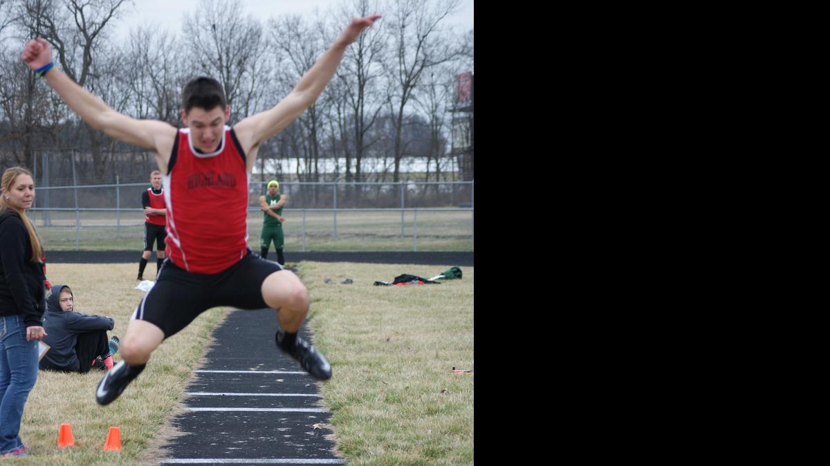 
Highland senior Logan Geiger is shown long jumping earlier this season at HHS. On Friday , Geiger won the long jump competition at the Mascoutah Invitational with a mark of 20 feet, 10.75 inches, which edged out Jailon Rush of Mount Vernon by 2.75 inches.
