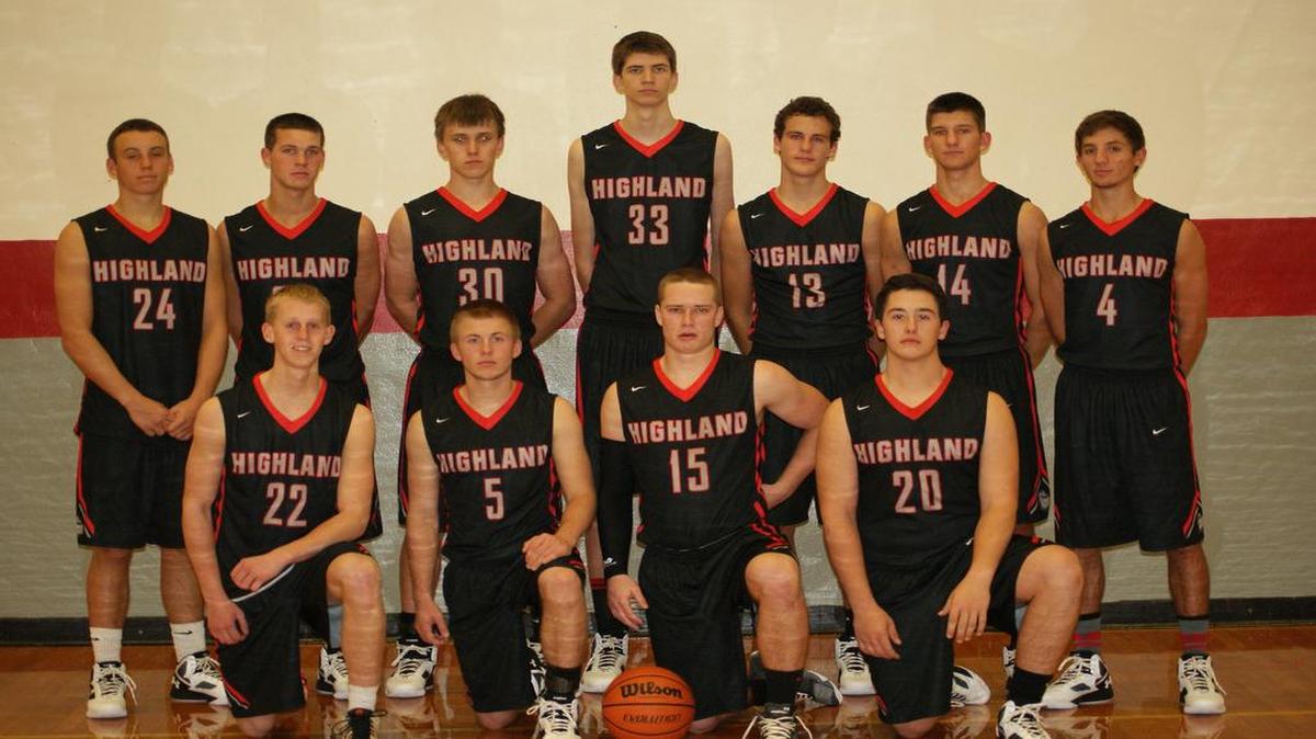The Highland High School boys varsity basketball team consists of, front row from left to right, Austin Elledge, Will Greenwald, Justin Twyford, Elliott Prott; back row, Luke Thies, Will Michael, Chris Dickman, Michael Torre, Sam LaPorta, Stephen Schniers and Brode Portell.