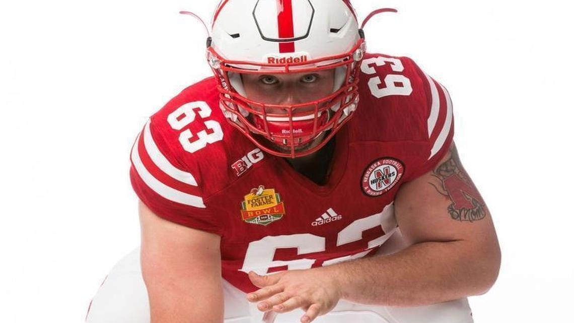 Nebraska redshirt sophomore Tanner Farmer, shown in the three-point stance, will be the starting right guard for the Cornhuskers this fall.