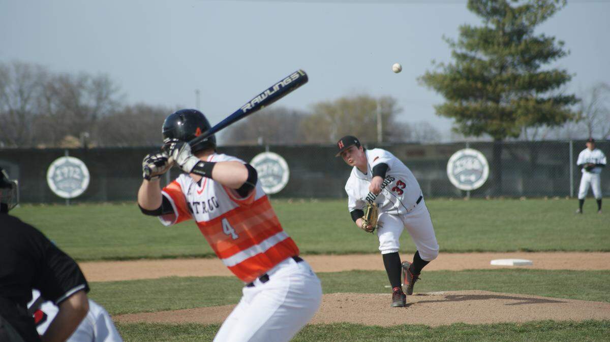 Highland junior left-hander Payne Waldmann delivers a pitch to Waterloo's Quinten Albrecht in the first inning on Wednesday, April 11 at Glik Park.