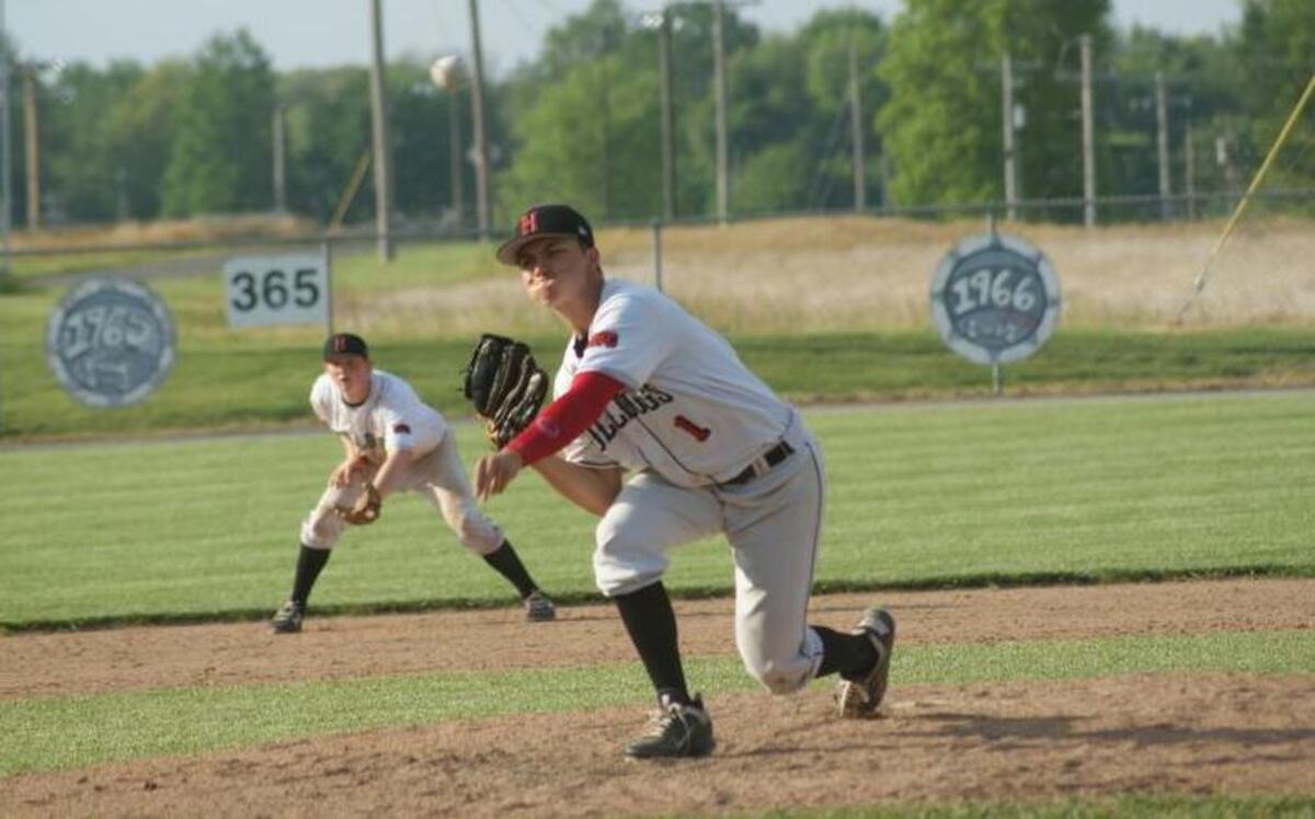 Highland junior Connor Pinsker releases a pitch en route to twirling a four-hit shutout in the Bulldogs’ 5-0 victory over Triad on Monday, May 8 at Glik Park.