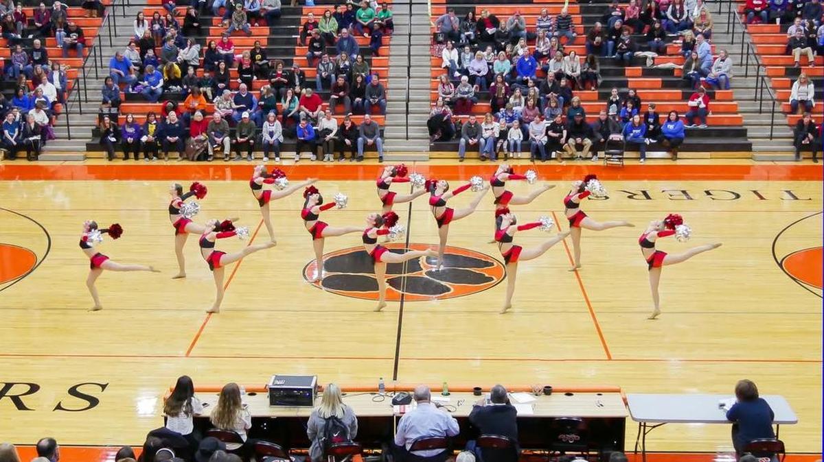 The Highland High School dance team performs its performs its pom dance routine that was one of all four of its routines that earned first place Saturday at the Edwardsville IDTA Invitational.