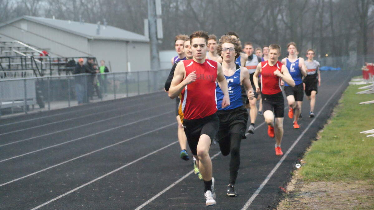 Highland sophomore Nick Hanratty leads the pack late on the first lap of the 800-meter run at a five-team meet March 28 at Highland High School. Hanratty qualified for state this year in the 3200.
