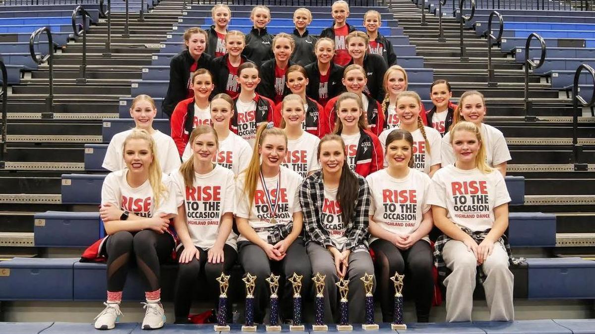 The three Highland School District dance teams won a combined eight trophies at Saturday’s Belleville East IDTA Regional. The Highland High School varsity dance team sits in the first two rows while the HHS junior varsity dance team is in the third row and the Highland Middle School dance team is in the fourth and fifth rows. The HSD dance teams consist of, first row from left to right, Claire Pabst, Olivia Genteman, Abigail Rogier, Katie Etter, Kayla Davis, Paige Foster; second row, Abbey Mortland, Kylie McFarland, Brooke Wilson, Bree Etherton, Alexis Finely, Tatum Stock; third row, Tegan Beard, Riley Stewart, Jessie Wieter, Lily Jakel, Shelby Stallard, Brianne Barbee; fourth row, Michayla Grieve Reaghan Henrichs, Mackenzie Daiber, Kate Drueke, Paige Crawford; fifth row, Kaleigh Casper, Isabelle Hodge, Nevaeh Fensterman, Lacey Schroeder and Julia Synder.