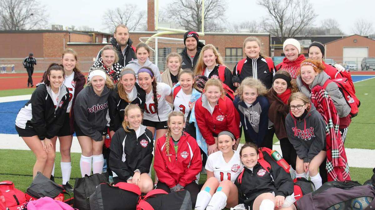 The Highland High School girls soccer team celebrate after beating Freeburg 1-0 on Saturday to finish 3-0-1 and take third place at the season-opening Metro Cup Tournament.