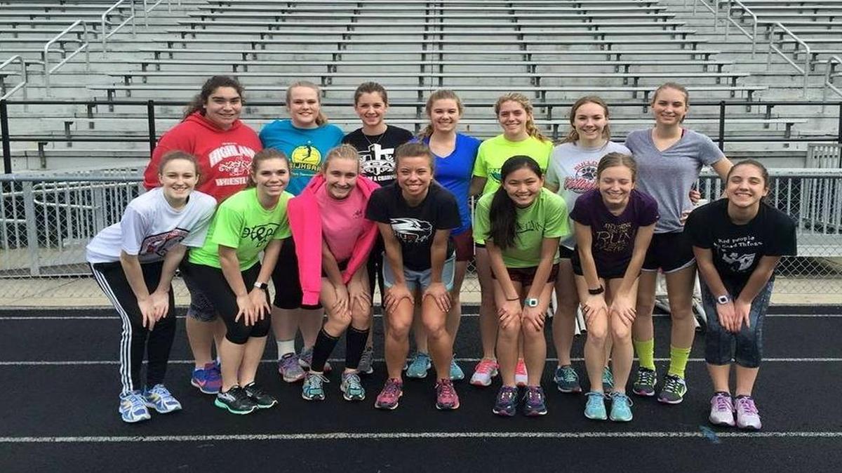 The Highland High School girls track and field team consists of, front row from left to right, Mackenzie Schoeck, Kali Rutz, Ariel Smock, Brianna Becherer, Sydney Nyquist, Allison Zobrist and Lily Becker; back row, Polly Czar, Abby Beyer, Emma Drysdale, Sarah Beth Wiegman, Rece Portell, Taylor Braswell and Courtney Hengehold. Not pictured are Alyssa Freimann, Leah Sutton and Morgan Mesle.