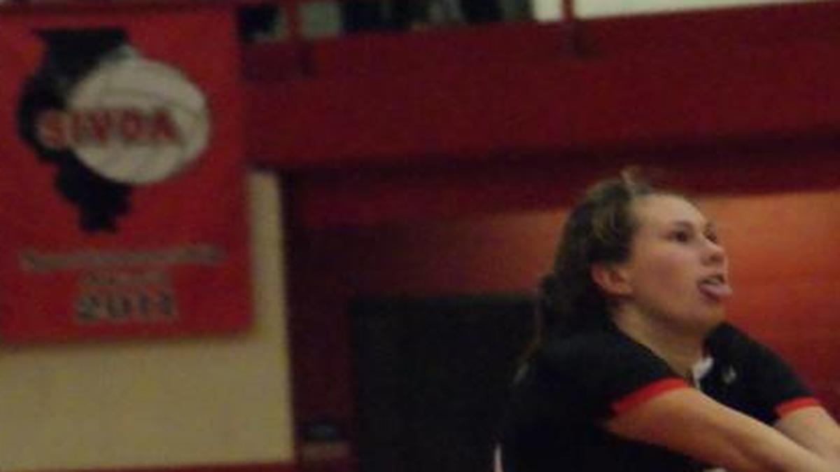 
Highland senior Hayley McSparin, shown bumping the ball, was named to the Metro East Classic volleyball tournament this past weekend after amassing 43 kills and 16 total blocks.
