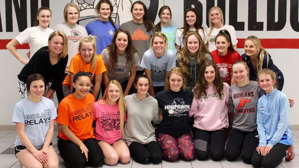 The Highland High School girls track and field team consists of, first row from left to right, Megan Griesbaum, Savannah Graham, Kayla Thompson, Alysha Robles, Chloe Marti, Paige Schaible, Julia Loeh, Grace Meyer; second row, Mackenzie Nigh, Olivia Wilke, Alyssa Freimann, Rece Portell, Leah Sutton, Kate Marti, Carly Rakers; third row, Mackenzie Schoeck, Abby Beyer, Bella LaPorta, Taylor Kesner, Lexie Korte, Reese Tackett and Samantha Hengehold.