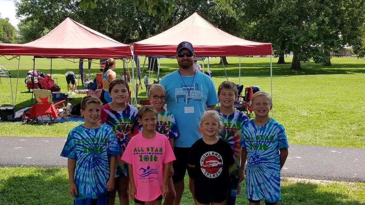 Seven Highland Splash swimmers competed at the Central and Southern Illinois All Stars Swim Meet, hosted on Saturday by the Millstadt Dolphins. Pictured are, front row from left to right, Masyn Smith, Dalton Balint, Natalie Chalfant, Sean McGinley; back row, Emily Geisen, Abigail Chalfant, coach Ryan Poss and Patrick McGinley.