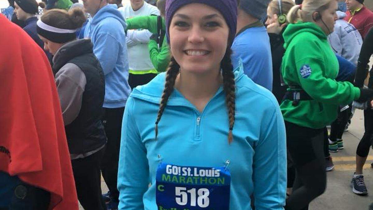 Highland native Emily Holtzclaw is shown before competing in her first marathon on Sunday at the Go! St. Louis Marathon in downtown St. Louis. Holtzclaw finished the marathon in 3hours, 31 minutes and qualified for the 2019 Boston Maraton.