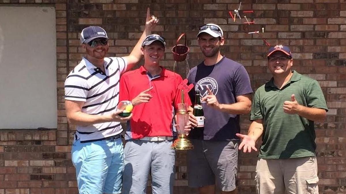 Team Highland defeated Team Triad in the Men Among Men Olympics, an alumni event featuring four former tennis players from each school competing in various events. Team Highland consisted of, from left to right, Bryan Gilomen (stripe shirt), Chris Robards (red shirt), Matt Pellock (blue shirt), Garrett Schmidt (green shirt)