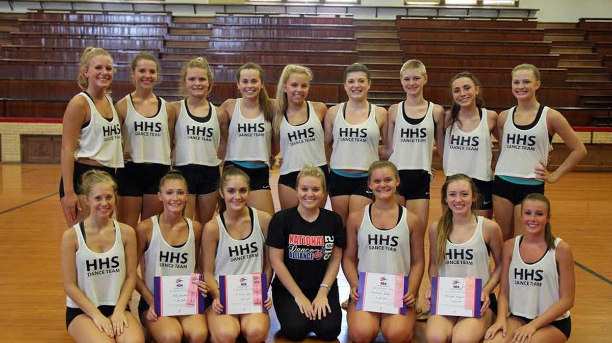 
The Highland High School varsity dance team consists of, front row from left to right, Leslie Drueke, Ally Becker, Kelsey Lane, camp instructor Hannah Scott, McKenzie Rosen, Abigail Rogier, Lexy Hagler; back row, Hannah Luitjohan, Reagan Thornton, Paige Foster, Katie Etter, Claire Pabst, Kayla Davis, Olivia Genteman, Raven Miranda, Brooke Wilson. The four team members holding the certificates were the camp’s All-American winners.
