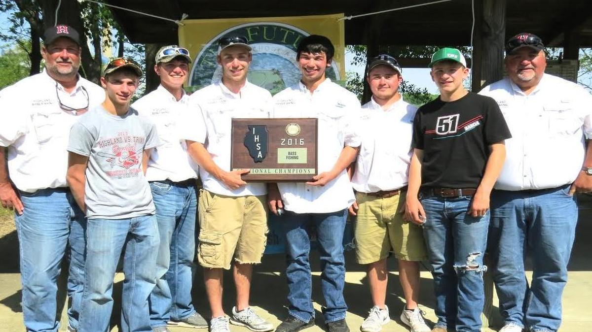 The Highland High School bass fishing team captured first and second place at the IHSA Bass Fishing Sectional on Saturday at Coffeen Lake. The HHS bass fishing team consists of, from left to right,Coach Jon Rinderer, team alternate Colton Brown, Blake Schumacher, Jake Freeman, Alec Rebbe, Hampton DuFrain, team alternate, Lake Bircher, and Assistant Coach Scott Sautman.