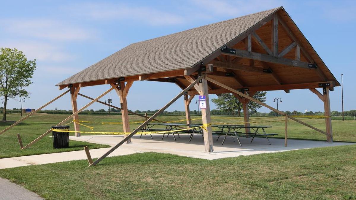 The Rotary pavilion at Dennis Rinderer Park was damaged in a storm early Sunday morning. It is still standing, but is the listing to one side and marked off with yellow caution tape. Parks and Recreation Director Mark Rosen said the city is coming up with a plan to fix it.