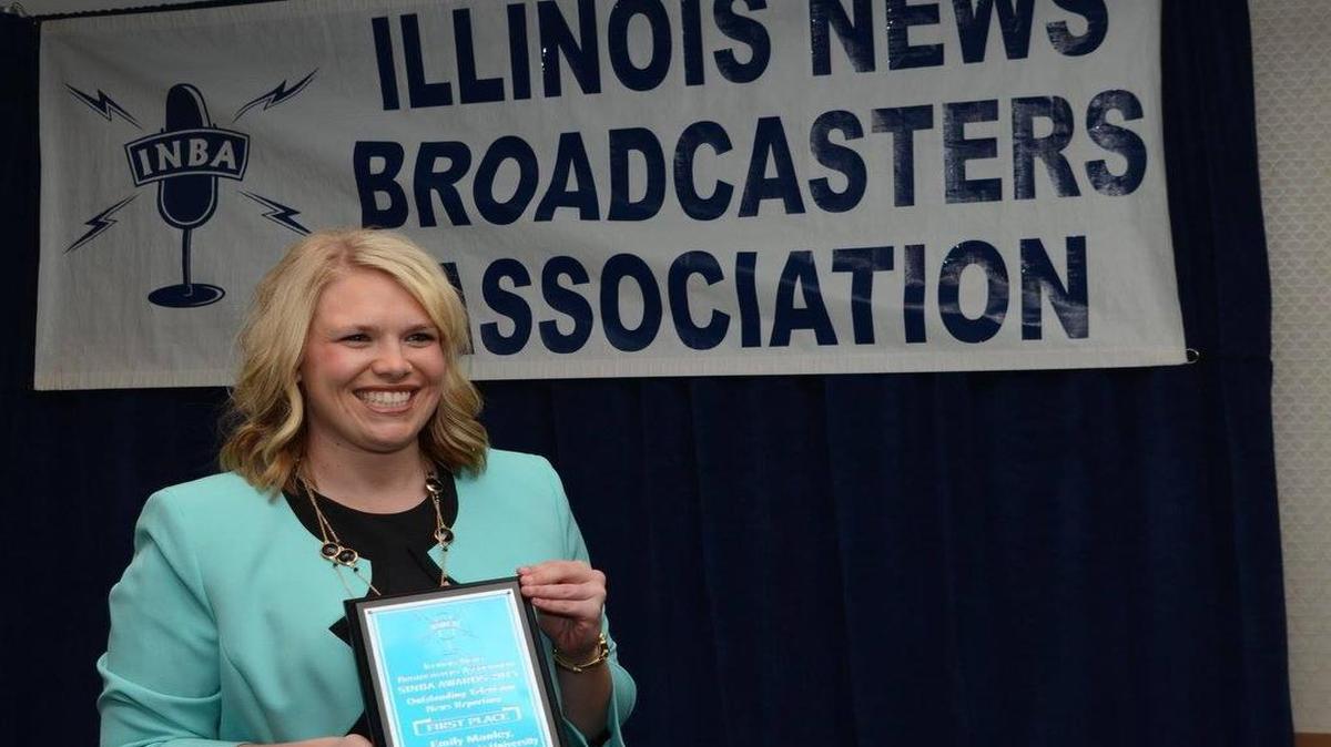 Western Illinois University junior Emily Manley won first place in the state for television news reporting at the Illinois News Broadcasting Association Spring Convention held April 22-24 in Springfield.
