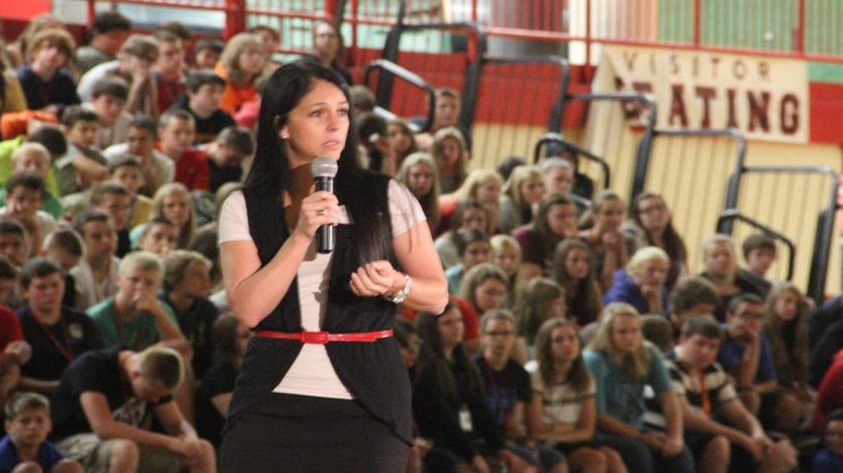 
Dr. Kari Karidis talked with Highland High School students on Thursday. Karidis’ son, Chas, died in November 2013 following a heroin overdose.
