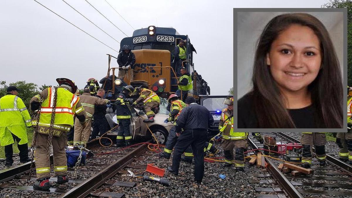 Ana Cantrell, 19, of Pierron (inset) has been hospitalized since her car struck by a train at an unmarked, private crossing near Highland on May 3.