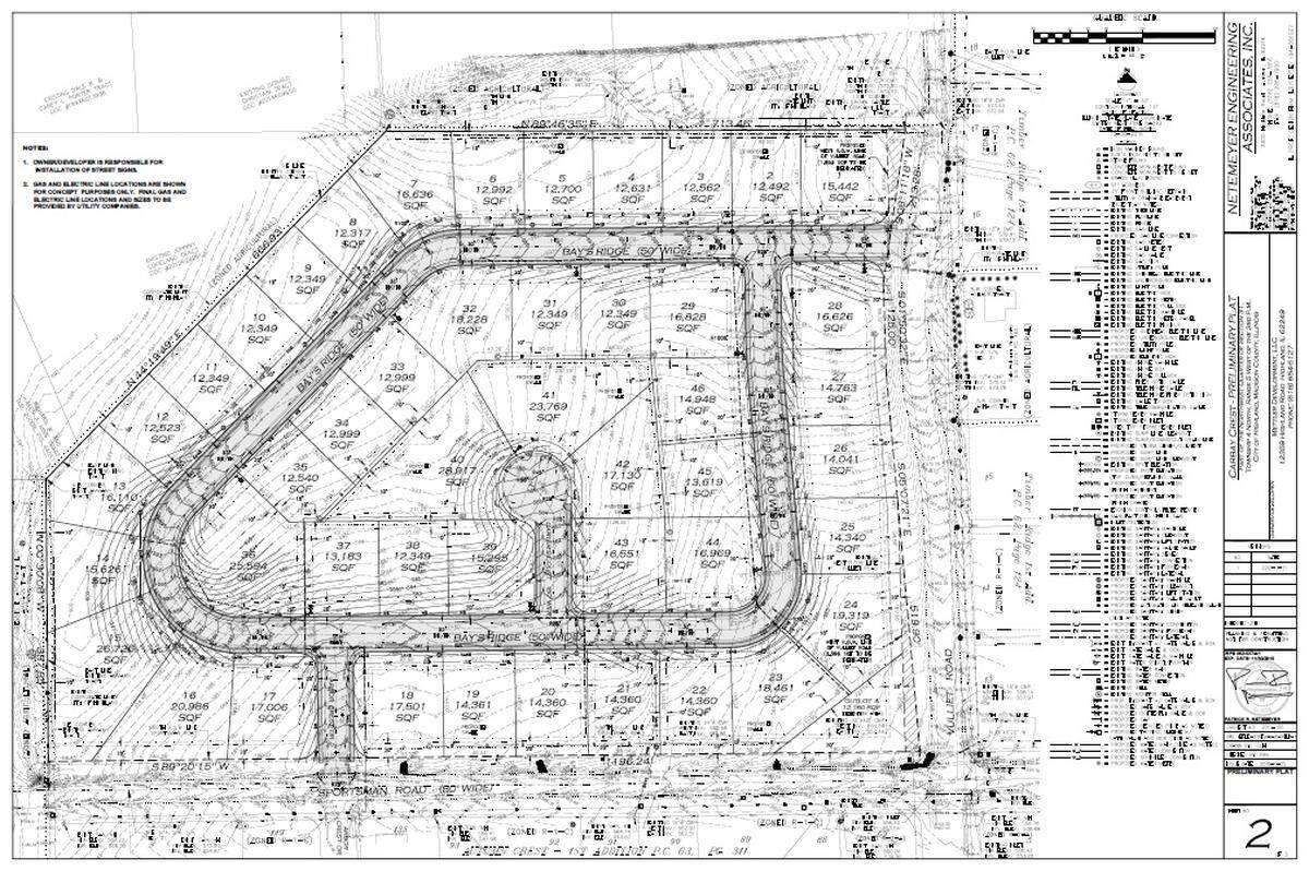 The preliminary plat for a new subdivision named Carbay Crest residental development located on the northern side of Sportsman Road, near Arbor Crest Drive and Vulliet Road.