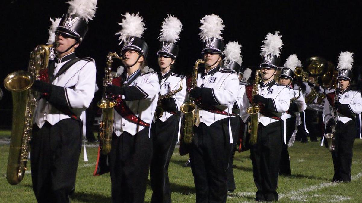 The members of the Highland High School Marching Bulldogs pictured are, from left to right, Shane Yetter, Katie McGlasson, Kaitlan Busch, Brytani Powell, Delaney Rigney and Taylor Reidelberger.